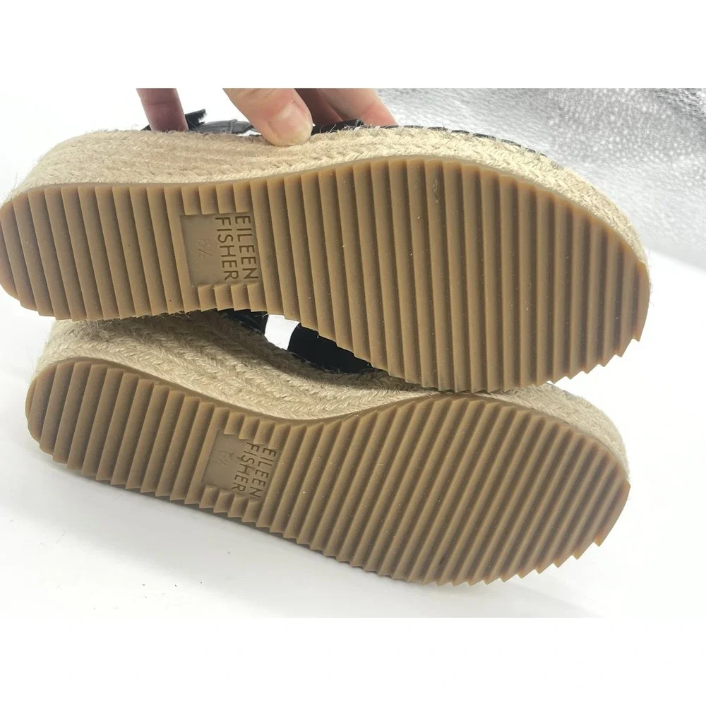 Eileen Fisher Willow Wedge Leather Espadrilles 6.5 Black Minimalist Shoes New